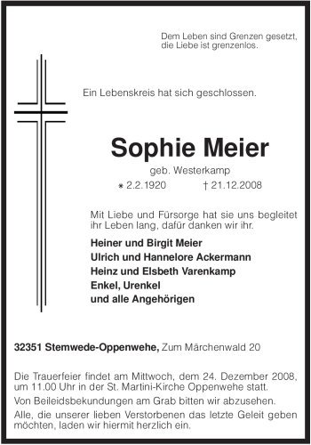 Todesanzeige von Sophie Meier von KREISZEITUNG SYKE
