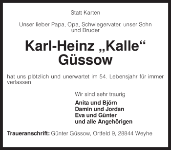 Todesanzeige von Karl-Heinz Güssow von KREISZEITUNG SYKE