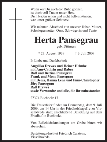 Todesanzeige von Herta Pansegrau von KREISZEITUNG SYKE