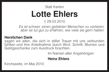 Todesanzeige von Lotte Ehlers von KREISZEITUNG SYKE