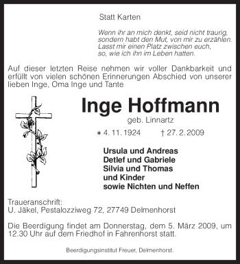 Todesanzeige von Inge Hoffmann von KREISZEITUNG SYKE