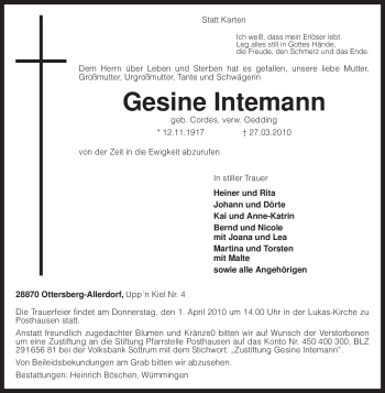 Todesanzeige von Gesine Intemann von KREISZEITUNG SYKE