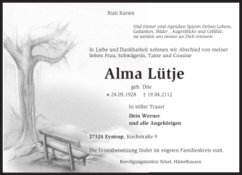 Todesanzeige von Alma Lütje von KREISZEITUNG SYKE