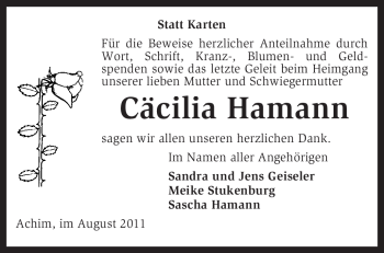 Todesanzeige von Cäcilia Hamann von KREISZEITUNG SYKE