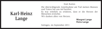 Todesanzeige von Karl-Heinz Lange von KREISZEITUNG SYKE