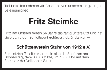 Todesanzeige von Fritz Steimke von KREISZEITUNG SYKE