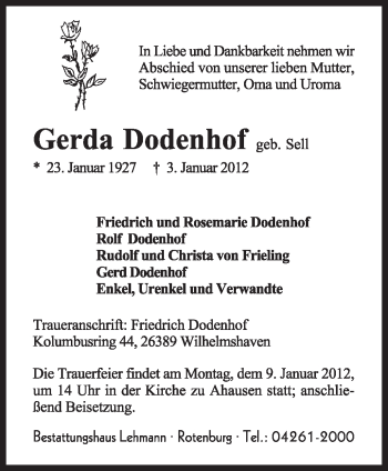 Todesanzeige von Gerda Dodenhof von KREISZEITUNG SYKE