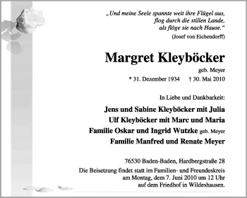 Todesanzeige von Margret Kleyböcker von KREISZEITUNG SYKE