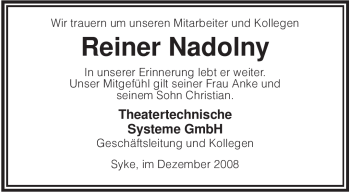 Todesanzeige von Reiner Nadolny von KREISZEITUNG SYKE