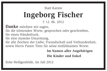 Todesanzeige von Ingeborg Fischer von KREISZEITUNG SYKE