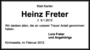 Todesanzeige von Heinz Freter von KREISZEITUNG SYKE