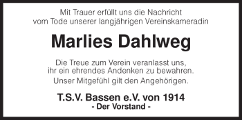 Todesanzeige von Marlies Dahlweg von KREISZEITUNG SYKE