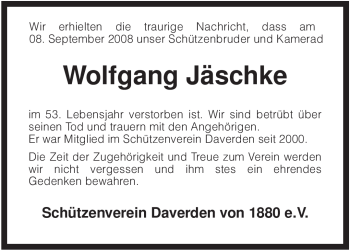 Todesanzeige von Wolfgang Jäschke von KREISZEITUNG SYKE