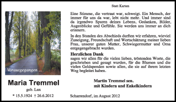 Todesanzeige von Maria Tremmel von KREISZEITUNG SYKE