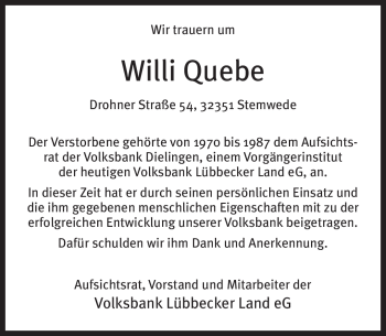 Todesanzeige von Willi Quebe von KREISZEITUNG SYKE
