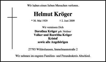 Todesanzeige von Helmut Kröger von KREISZEITUNG SYKE