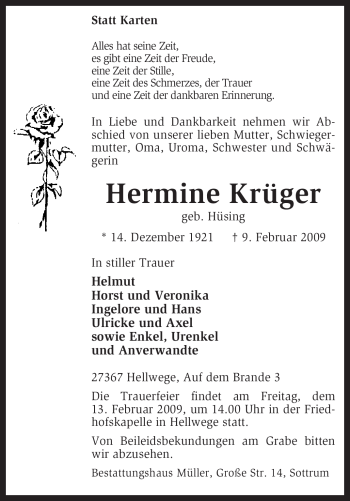 Todesanzeige von Hermine Krüger von KREISZEITUNG SYKE