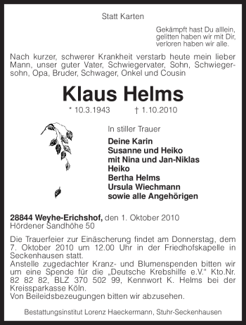 Todesanzeige von Klaus Helms von KREISZEITUNG SYKE