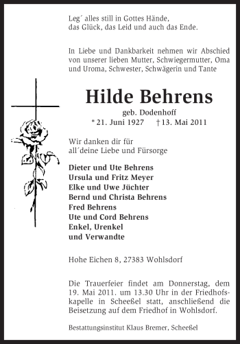 Todesanzeige von Hilde Behrens von KREISZEITUNG SYKE