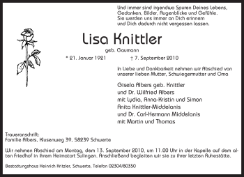 Todesanzeige von Lisa Knittler von KREISZEITUNG SYKE