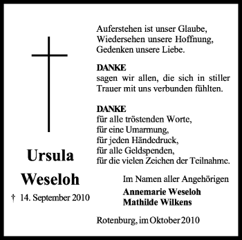 Todesanzeige von Ursula Weseloh von KREISZEITUNG SYKE