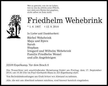 Todesanzeige von Friedhelm Wehebrink 