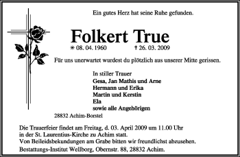 Todesanzeige von Folkert True von KREISZEITUNG SYKE