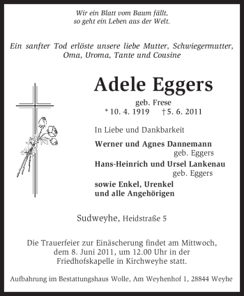 Todesanzeige von Adele Eggers von KREISZEITUNG SYKE