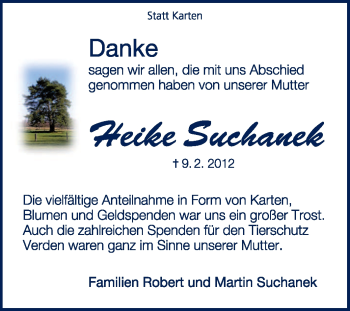 Todesanzeige von Heike Suchanek von KREISZEITUNG SYKE