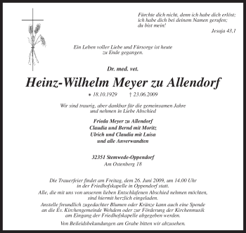 Todesanzeige von Heinz-Wilhelm Meyer zu Allendorf von KREISZEITUNG SYKE