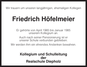 Todesanzeige von Friedrich Höfelmeier von KREISZEITUNG SYKE