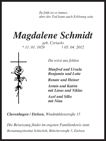 Todesanzeige von Magdalene Schmidt von KREISZEITUNG SYKE