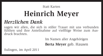 Todesanzeige von Heinrich Meyer von KREISZEITUNG SYKE