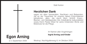 Todesanzeige von Egon Arning von KREISZEITUNG SYKE