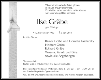 Todesanzeige von Ilse Gräbe von KREISZEITUNG SYKE