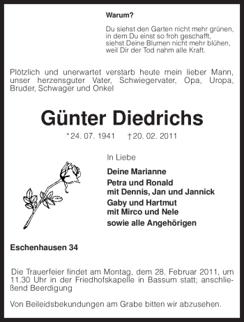 Todesanzeige von Günter Diedrichs von KREISZEITUNG SYKE