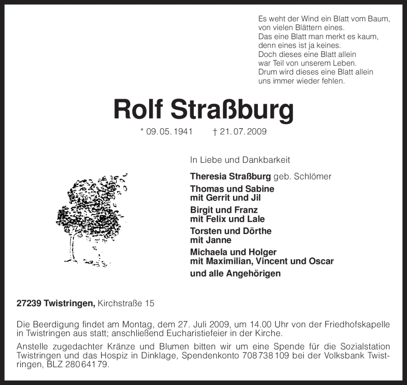  Traueranzeige für Rolf Straßburg vom 23.07.2009 aus KREISZEITUNG SYKE