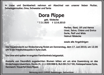 Todesanzeige von Dora Rippe von KREISZEITUNG SYKE