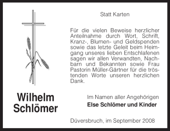 Todesanzeige von Wilhelm Schlömer von KREISZEITUNG SYKE