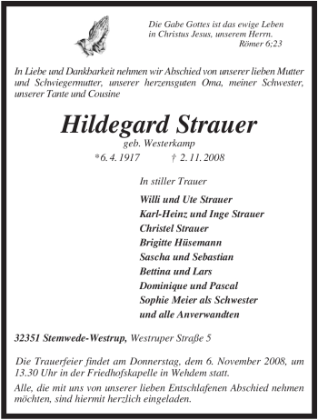 Todesanzeige von Hildegard Strauer von KREISZEITUNG SYKE