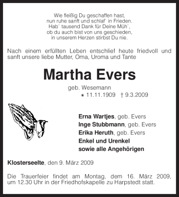 Todesanzeige von Martha Evers von KREISZEITUNG SYKE