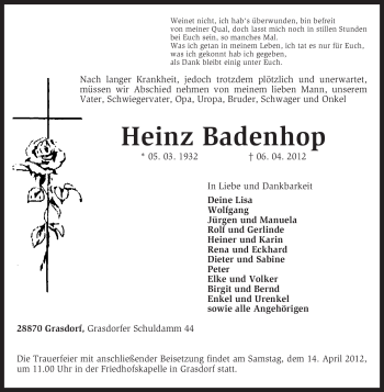 Todesanzeige von Heinz Badenhop von KREISZEITUNG SYKE