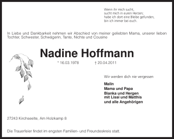 Todesanzeige von Nadine Hoffmann von KREISZEITUNG SYKE