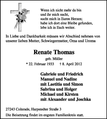 Todesanzeige von Renate Thomas von KREISZEITUNG SYKE