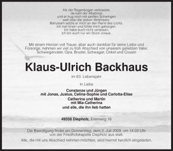Todesanzeige von Klaus-Ulrich Backhaus von KREISZEITUNG SYKE