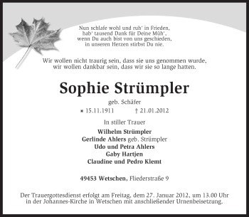 Todesanzeige von Sophie Strümpler von KREISZEITUNG SYKE