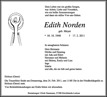 Todesanzeige von Edith Norden von KREISZEITUNG SYKE