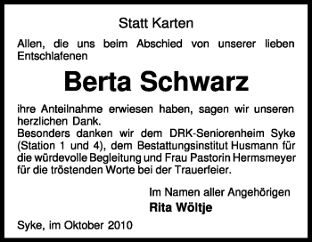 Todesanzeige von Bertha Schwarz von KREISZEITUNG SYKE