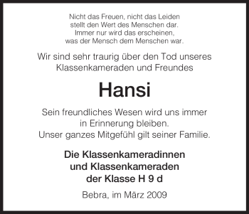 Todesanzeige von Hansi Unbekannt von KREISZEITUNG SYKE