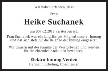 Todesanzeige von Heike Suchanek von KREISZEITUNG SYKE